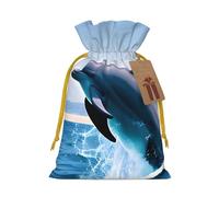 JxWCher Jumping up dolphins Print Burlap Drawstring Gift Bags for Christmas, Rustic Holiday Treat Pouches Gift Wrapping