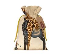 JxWCher Mother & Calf Giraffe Print Burlap Drawstring Gift Bags for Christmas, Rustic Holiday Treat Pouches Gift Wrapping
