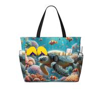 JxWCher Mystical Symbol Words Print 28L Large Beach Tote Bag, 7 Pockets Waterproof Travel Shoulder Bag, Gym Oversized Tote, Sea Turtle and Clown Fish, One Size