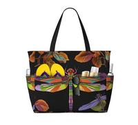 JxWCher Mystical Symbol Words Print 28L Large Beach Tote Bag, 7 Pockets Waterproof Travel Shoulder Bag, Gym Oversized Tote, Colorful Art Dragonfly, One Size, Art Deco