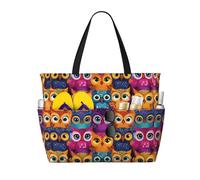 JxWCher Mystical Symbol Words Print 28L Large Beach Tote Bag, 7 Pockets Waterproof Travel Shoulder Bag, Gym Oversized Tote, Cartoon Owl Faces, One Size