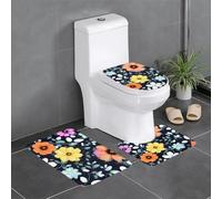 JxWCher Non-Slip 3PC Bathroom Rug Set, Beautiful Colourful Flowers Print Toilet Mat Shower Rugs, Soft Absorbent Bath Mat