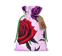 JxWCher Red and purple roses Print Burlap Drawstring Gift Bags for Christmas, Rustic Holiday Treat Pouches Gift Wrapping