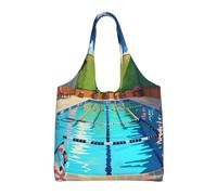 JxWCher Reusable Canvas Tote Bag, Flamingo and swimming pool Grocery Bag Shopping Shoulder Bags for Work DIY Festival Present bag