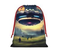 JxWCher Small Xmas Gift Bag, UFO landing Drawstring Storage Pouch Fade-Resistant with Secure Closure, Home, Office, Travel, Gift Giving