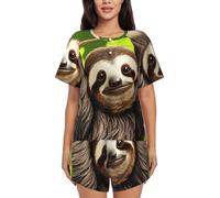 JxWCher Soft Womens Pajama Set Short Sleeve, Comfy Cute Sloth Print Sleepwear Pjs Set Loungewear with Pockets, Black, S