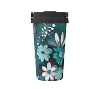 JxWCher Teal Grey and White Floral Print Travel Coffee Mug 16Oz, Hot/Ice Drinking Thermal Cup, Leakproof, for Office, Car