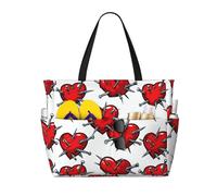 JxWCher Tranquil Nighttime Print 28L Large Beach Tote Bag, 7 Pockets Waterproof Travel Shoulder Bag, Gym Oversized Tote, Red Heart With Nails, One Size, Art Deco