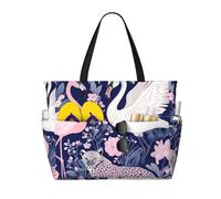 JxWCher Tranquil Nighttime Print 28L Large Beach Tote Bag, 7 Pockets Waterproof Travel Shoulder Bag, Gym Oversized Tote, Swan Flamingo Floral, One Size, Art Deco
