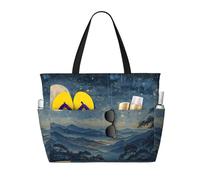 JxWCher Tranquil Nighttime Print 28L Large Beach Tote Bag, 7 Pockets Waterproof Travel Shoulder Bag, Gym Oversized Tote, Tranquil Nighttime, One Size