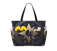 JxWCher Tranquil Nighttime Print 28L Large Beach Tote Bag, 7 Pockets Waterproof Travel Shoulder Bag, Gym Oversized Tote, Mystical Symbol Pattern, One Size