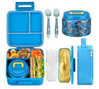 JXXM Bento Lunch Box for Kids With 8oz Soup thermo,Leak-proof Lunch Containers with 5 Compartment,thermo Food Jar and Lunch Bag, Food Containers for School (A-Blue(Extreme Locomotive))