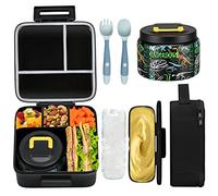 JXXM Bento Lunch Box for Kids With 8oz Soup thermo,Leak-proof Lunch Containers with 5 Compartment,thermo Food Jar and Lunch Bag, Food Containers for School (A-Black(Dinosaur Fossil))