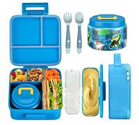 JXXM Bento Lunch Box for Kids With 8oz Soup thermo,Leak-proof Lunch Containers with 5 Compartment,thermo Food Jar and Lunch Bag, Food Containers for School (A-Blue(Dinosaur))