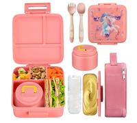 JXXM Bento Lunch Box for Kids With 8oz Soup Thermo,Leak-proof Lunch Containers with 5 Compartment,Thermo Food Jar and Lunch Bag, Food Containers for School (A-Pink(Unicorn - Mermaid))