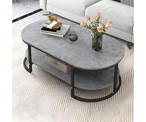 JXYQ Standard Glam Wood Coffee Table Single Cocktail Table Sofa Side Modern Small Coffee Table Small Apartment Simple Small Table Grey Oval Shape + 1 Shelf 39.5" L x 24" W x 16.5" H