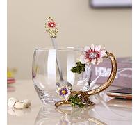 JY-Danbady Enamel Sunflower Crystal Lead-Free Glass Tea Cup with Spoon Set, Present for The Christmas, Valentine's Day.Best Present for Mother, Grandma, Girlfriend, Sister.