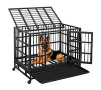 JY QAQA 48/38 Inch Heavy Duty Indestructible Dog Crate Double Doors Escape Proof Cage Kennel,Enhanced Metal Pet Cage,Extra Large XL XXL Crate Indoor for Large Dog with Removable Tray，Lockable Wheels
