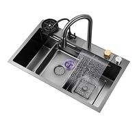 JYBNBBE 304 Stainless Steel Kitchen Sink, Nano Waterfall Sink, with Flying Rain Pull-Out Faucet, Pressurized Cup Washer, Drop-in Or Undermount Installation,Grey-75x45x22CM