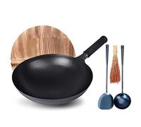 JYBNBBE Black Cast Iron Wok Stir Fry Pans, Profession Chinese Hand Hammered Iron Woks with Round Bottom & Handle, No Coating, Less Oil, Non-Stick Pot,32cm (34cm)