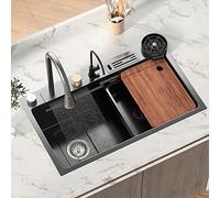 JYBNBBE Black Kitchen Sink With Flying Rain Waterfall Tap Stainless Steel Kitchen Sinks Drop In Top Or Under Mount Single Bowl Farmhouse Workstation Sink Kit,Black-75x46CM