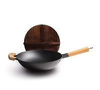 JYBNBBE Cast Iron Wok - Chinese Traditional Hand Hammered Iron Wok Non-Coating with Wooden Lid & Handle Suitable for All Cooktopst, Round Bottom