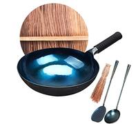 JYBNBBE Cast Iron Woks - Chinese Hand Hammered Iron Woks and Stir Fry Pans with Wooden Lid & Cookwares Set, Non-Stick, No Coating, Less Oil,36cm (32cm)