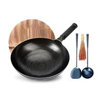 JYBNBBE Chinese Hand Hammered Iron Woks, Non-Stick Pot Round Bottom Woks & Stir-Fry Pans Set with Wooden Lid & Cookwares for Both Indoor Outdoor Cooking,30cm (30cm)