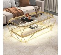 JYBNBBE Geometric Coffee Table, Metal Frame with Tempered Glass Top, Stylish Design for Living Room, Office, Bedroom,Double Layer+clear Glass-Small