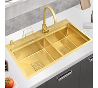 JYBNBBE Gold Kitchen Sink - Double Bowl 304 Stainless Steel Drop-in Sink with Faucet, Cutting Board & Accessories,A1-82X46cm