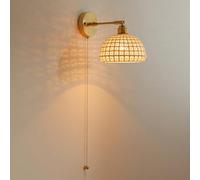 JYBNBBE Japanese-Style Ceramic Wall Sconce Modern Nordic Brass Bedside Lamp with Pull Cswitch, Adjustable Angle White Ceramics Cage Light Fixture for Bedroom Kids Room