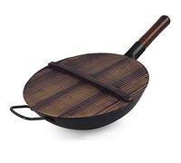 JYBNBBE Pre-Seasoned Cast Iron Wok, Heavy Duty Non-Stick Iron Chinese Wok or Stir Fry Skillet w/Wooden Lid, for Electric Stove Top, Induction, Black,34cm/ 13.5 inch