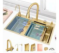 JYBNBBE Stainless Steel Workstation Kitchen Sink with Waterfall Faucet Nano Coated Digital Display Single Bowl Large Deep Capacity Multi Purpose Black,Gold-a-80cm
