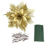 JYCRA 24 Pcs Glitter Poinsettia Artificial Christmas Flowers, Christmas Flowers Decorations,Xmas Tree Ornaments with Clips and Stems for Xmas Wedding Party Wreath (F)