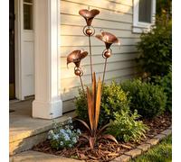 JYCWTT Flamed Copper Three Calla Lilies Garden Stake with Bells - 33" Metal Lily of the Valley Sculpture, Handmade Outdoor Flower Yard Art Decor for Lawn Patio, Rustic Wind Chime Garden Ornament Gift
