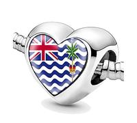 Jycycem British Indian Ocean Territory Flag Heart Beads for Bracelets Jewelry Making DIY Silver Charms for Women