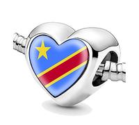 Jycycem Democratic Republic of Congo Flag Heart Beads for Bracelets Jewelry Making DIY Silver Charms for Women