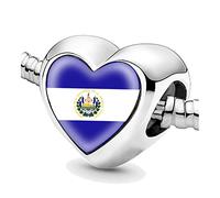 Jycycem El Salvador Salvadoran Flag Heart Beads for Bracelets Jewelry Making DIY Silver Charms for Women