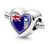 Jycycem Falkland Islands Flag Heart Beads for Bracelets Jewelry Making DIY Silver Charms for Women