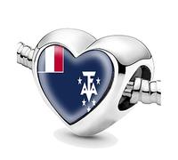 Jycycem French Southern and Antarctic Lands Flag Heart Beads for Bracelets Jewelry Making DIY Silver Charms for Women
