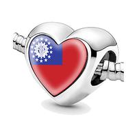Jycycem Myanmar burma Burmese Flag Heart Beads for Bracelets Jewelry Making DIY Silver Charms for Women