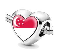 Jycycem Singapore Singaporean Flag Heart Beads for Bracelets Jewelry Making DIY Silver Charms for Women