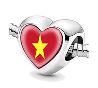 Jycycem Vietnam Vietnamese Flag Heart Beads for Bracelets Jewelry Making DIY Silver Charms for Women