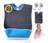 JyD SUPER PACK of 2 Premium Adult Bibs + 2 Anti-Moisture Adhesive Hooks | Waterproof Adult Bibs | Washable and Reusable with Crumb Catcher | COMFORTABLY® Bib for Elderly People