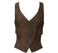 JYDress Women's Suit Vest Herringbone Tweed Work Wear Slim Fit Waistcoat Lady Sleeveless Jacket Brown