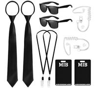 Jyeennar 10pcs Secret Agent Costume Set,Security Guard Accessories with Sunglasses Zip Tie ID Badge Prop and Fake Earpiece,Men in Black Costume for Theme Party Dress Up