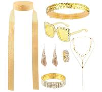 Jyeennar 1970s Disco Accessories Set,Golden Disco Costume Set with Glasses,Sequined Headbands,Earrings,Necklaces,Rings,Bracelets,for Girls Women Discos Theme Party Hippie Costume
