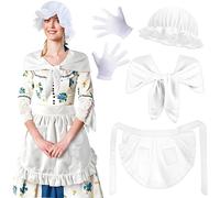 Jyeennar 4PCS Colonial Costume Set for Women,Pilgrim Costume Accessories Set with White Mob Cap Bonnet Shawl Wrap Gloves Ruffle Waist Apron Maid for Halloween Women Cosplay Fancy Dress Up