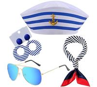 Jyeennar 4PCS Nautical Fancy Dress Set,Sailor Hat Scarf Earrings Glasses Set for Women,Blue with White Sailor Hat Scarf for Costume Accessory,Dressing Up for Cosplay Nautical Themes Party