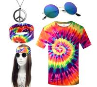 Jyeennar 5 Piece Hippie Accessories Set with T-shirt,Disco Costume 60s 70s 80s, Brown Wig, Sunglasses, Headband, Peace Necklace, Hippie Outfit for Men Women,Fancy Dress Party, Cosplay, Retro Theme